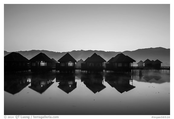 Cottages on stilts at dawn. Inle Lake, Myanmar (black and white)