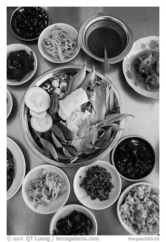 Close-up of Burmese meal. Bago, Myanmar (black and white)