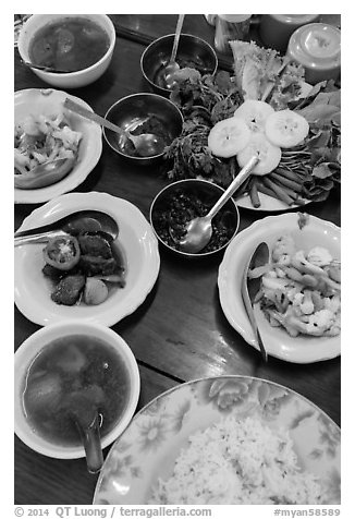 Typical Burmese lunch. Bago, Myanmar (black and white)