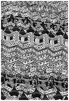Ornementation detail of the prang, combining khmer and thai styles, Wat Arun. Bangkok, Thailand ( black and white)
