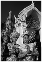 Girls in traditional thai costume, Wat Arun. Bangkok, Thailand ( black and white)