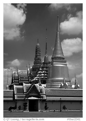 Wat Phra Kaew, adjacent to the Grand Palace, home of the most venerated emerald Buddha. Bangkok, Thailand (black and white)