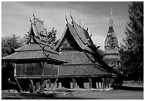 Thai rural temple architecture in northern style. Muang Boran, Thailand ( black and white)