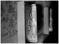 Windows and mural paintings. Muang Boran, Thailand (black and white)