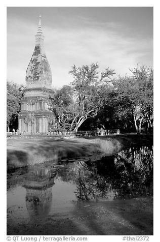 Chedi and pond. Muang Boran, Thailand (black and white)