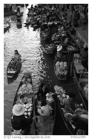 Canal from above, floating market. Damnoen Saduak, Thailand (black and white)