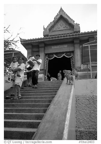 San Phra Kan (Kala shrine), invaded by monkeys. Lopburi, Thailand (black and white)