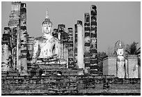 Columns and Buddha statue, Wat Mahathat. Sukothai, Thailand ( black and white)