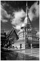 Gold umbrella and chedi of Wat Phra That Doi Suthep. Chiang Mai, Thailand ( black and white)