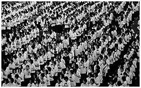 Rows of uniformed school girls lined up during prayer. Chiang Rai, Thailand (black and white)