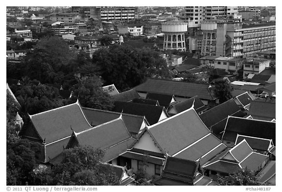 Temple roofs and modern buildings from above. Bangkok, Thailand (black and white)