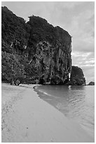 Pranang Cave Beach and limestone crag, Railay. Krabi Province, Thailand ( black and white)