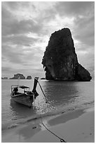 Boat and limestone islets, Rai Leh. Krabi Province, Thailand ( black and white)