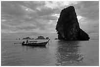Boat and Happy Island, Railay. Krabi Province, Thailand ( black and white)