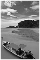 Boat and cliffs, Ao Nammao. Krabi Province, Thailand ( black and white)