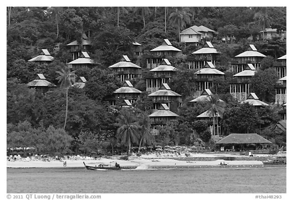 Beach and hillside bungalows on stilts, Ko Phi-Phi island. Krabi Province, Thailand