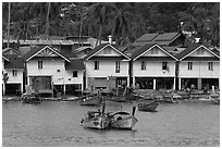 Boats and waterfront houses, Tonsai Village, Phi-Phi island. Krabi Province, Thailand (black and white)