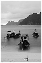 Beach and longtail boats in rainy weather, Ao Ton Sai, Ko Phi Phi. Krabi Province, Thailand ( black and white)