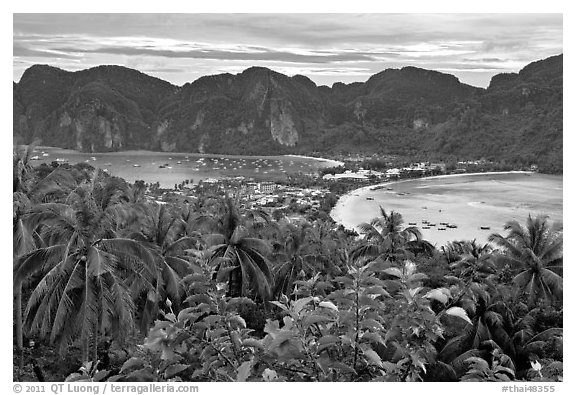 Panoramic view of isthmus and Tonsai village, Ko Phi-Phi island. Krabi Province, Thailand (black and white)