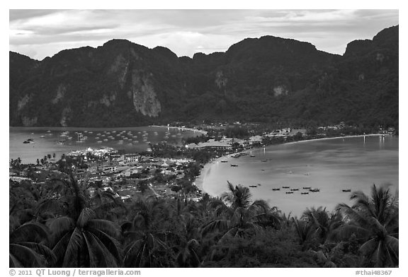 Tonsai village, bays, and hill at dusk from above, Ko Phi Phi. Krabi Province, Thailand (black and white)