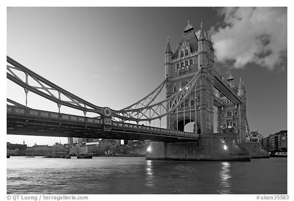 Wide view of Tower Bridge, a landmark 1876 bascule bridge. London, England, United Kingdom