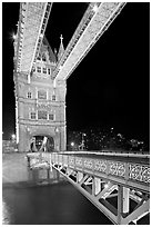 North Tower and upper walkway of the London Bridge at night. London, England, United Kingdom (black and white)