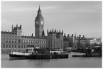 Boats and Houses of Parliament, early morning. London, England, United Kingdom ( black and white)