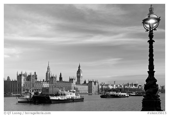 Lamp, Thames River, and Westminster Palace. London, England, United Kingdom