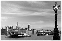 Lamp, Thames River, and Westminster Palace. London, England, United Kingdom (black and white)