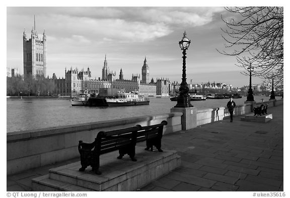 Riverfront promenade, Thames River, and Westminster Palace. London, England, United Kingdom
