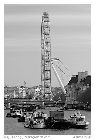Boats, Thames River, and London Eye. London, England, United Kingdom (black and white)