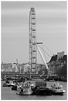 Boats, Thames River, and London Eye. London, England, United Kingdom (black and white)