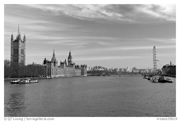 London Skyline with Westminster Palace, Westminster Bridge, and Millennium Wheel. London, England, United Kingdom (black and white)