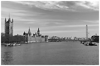 London Skyline with Westminster Palace, Westminster Bridge, and Millennium Wheel. London, England, United Kingdom (black and white)