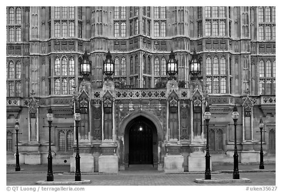 Gothic facade of Westminster Palace. London, England, United Kingdom (black and white)