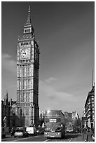 Double decker bus on Westminster Bridge  and Big Ben. London, England, United Kingdom (black and white)