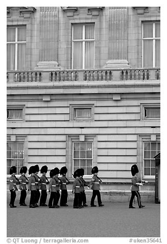 Guards marching during the changing of the Guard, Buckingham Palace. London, England, United Kingdom