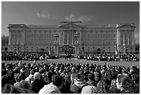 Crowds during  the changing of the guard in front of Buckingham Palace. London, England, United Kingdom (black and white)