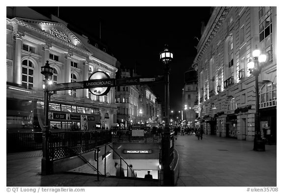 Underground station entrance at dusk, Piccadilly Circus. London, England, United Kingdom