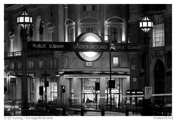 Subway entrance at night, Piccadilly Circus. London, England, United Kingdom (black and white)