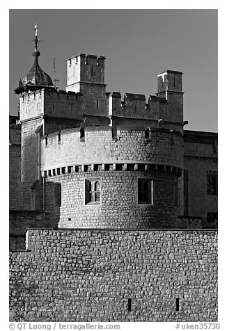 Turrets, outside wall, Tower of London. London, England, United Kingdom (black and white)
