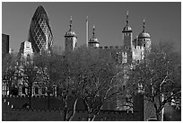 Tower of London and 30 St Mary Axe building (The Gherkin). London, England, United Kingdom (black and white)
