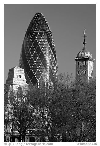 Swiss Re Tower (also known as 30 St Mary Axe, or The Gherkin), designed by Norman Foster. London, England, United Kingdom (black and white)