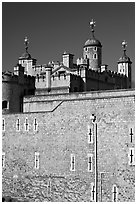 Outer rampart and White Tower, Tower of London. London, England, United Kingdom ( black and white)