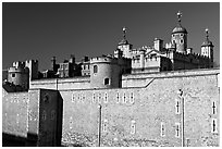 Outer wall and White Tower, Tower of London. London, England, United Kingdom (black and white)