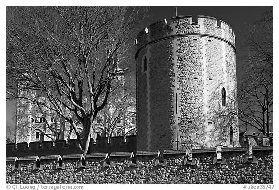 Crenallated wall and tower, Tower of London. London, England, United Kingdom (black and white)