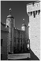 Salt Tower, central courtyard, and White Tower, the Tower of London. London, England, United Kingdom (black and white)