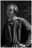 Actor in period costume, Tower of London. London, England, United Kingdom ( black and white)