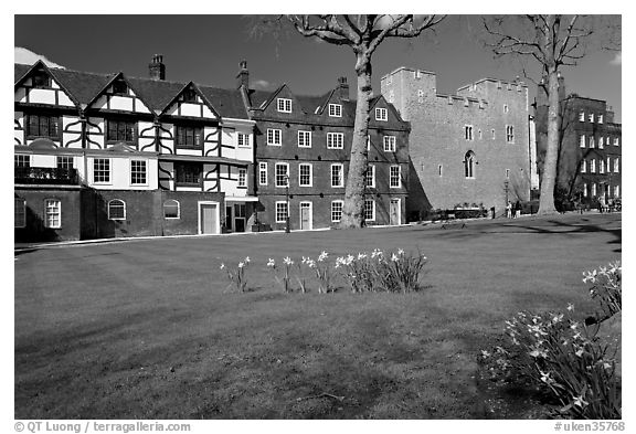 Tower Green, Queen's house, and Beauchamp Tower, Tower of London. London, England, United Kingdom (black and white)