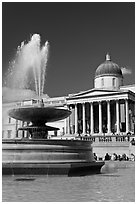 Fountain and National Gallery, Trafalgar Square. London, England, United Kingdom ( black and white)